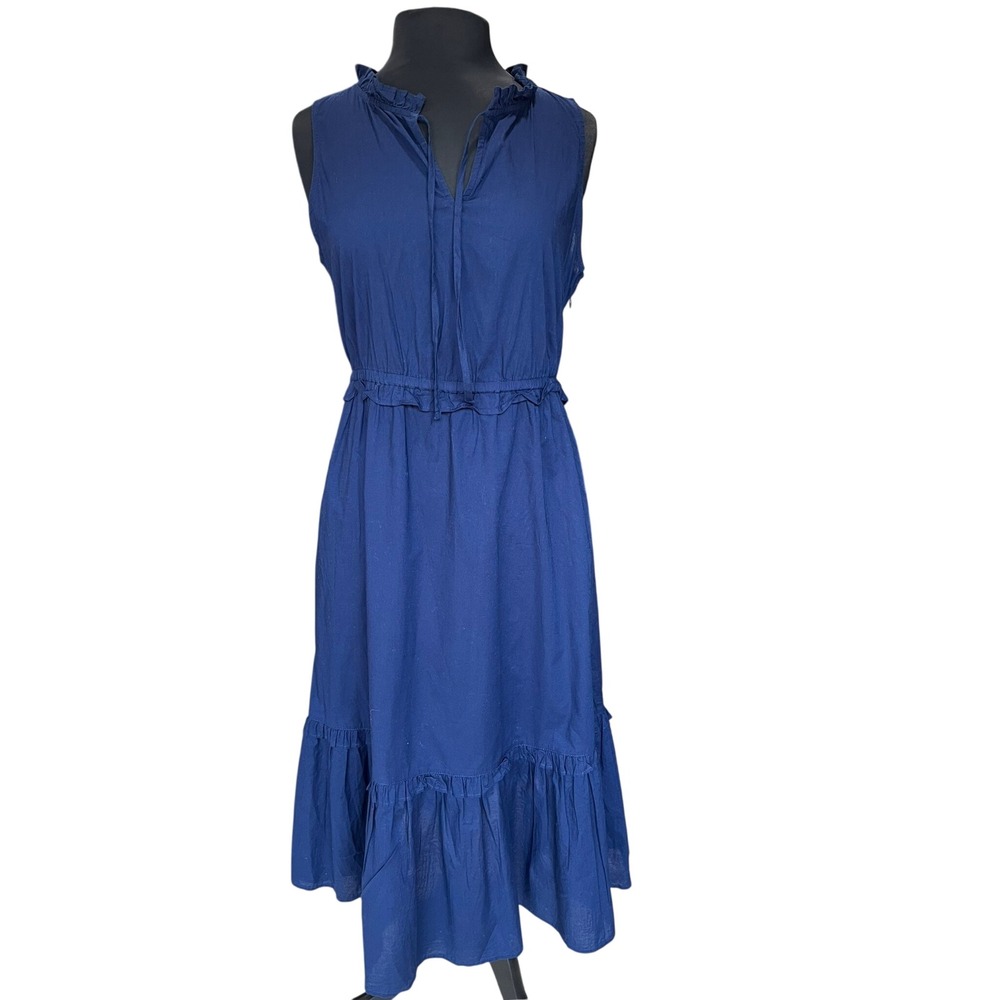 J.Crew Navy Blue Sleeveless Tiered Midi Dress Ruffle Neck Tie Waist Womens 8